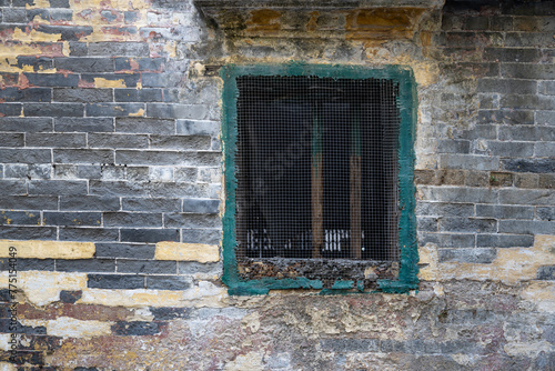 Background image of windows on abandoned retro brick walls