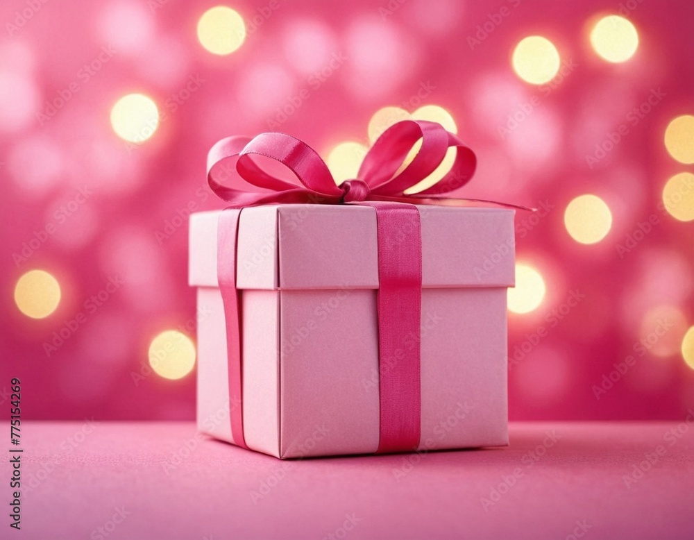 Gift box with pink bow on pink background with bokeh. Gift box with pink bow on pink background with bokeh.