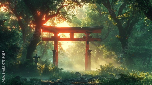 Shinto Shrine Torii Gate Framing a Peaceful Forest The traditional structure blends with nature photo