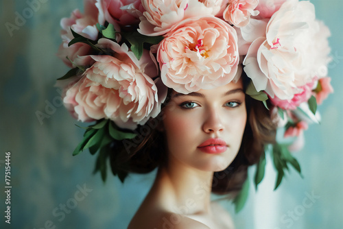 Portrait of beautiful woman wearing large pink and white flower crown on blue background.