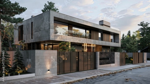 a gray two-story house nestled behind a protective fence, equipped with automatic sliding brown gates, the seamless integration of aesthetics and security in contemporary suburban architecture.