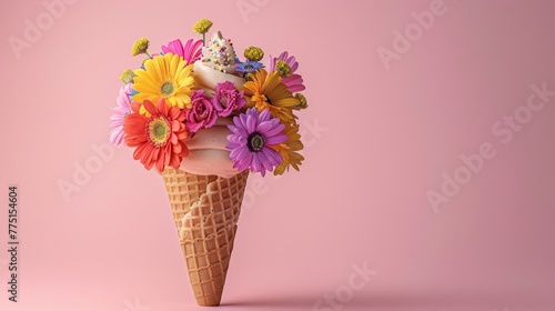 Creative ice cream cone bouquet with a rainbow of gerbera flowers against a pastel pink backdrop, embodying the joy of LGBTQ Pride Month