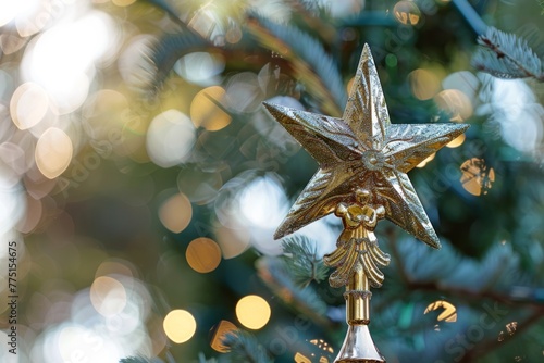 Close-Up of Golden Star Christmas Tree Topper with Bokeh