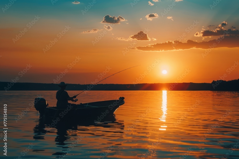 Dusky Fishing Trip, Quiet Lake with Fisherman Silhouette, Evening Glow