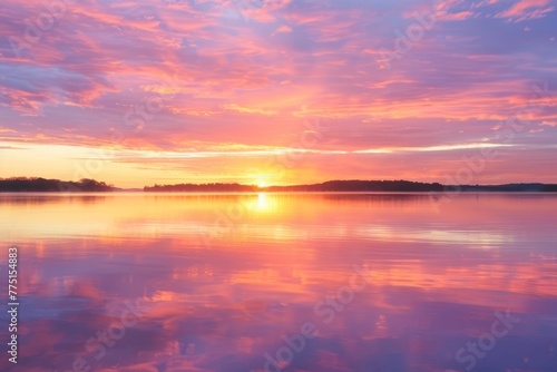 Luminous Sunset Reflection on Peaceful Lake Surface © Ilia Nesolenyi