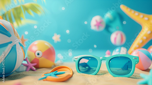 Beach Accessories Sunglass, balls, Sandel etc, Light Blue Background, Space for Text, Generative AI