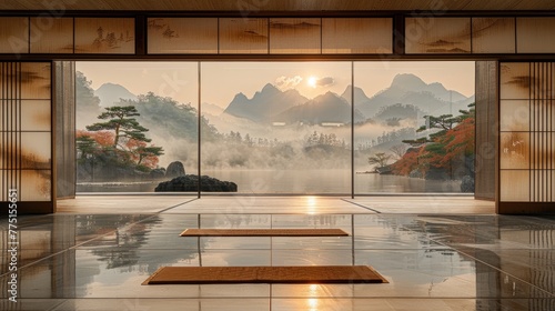 An empty room with a wall adorned with a woven tapestry depicting a serene landscape.