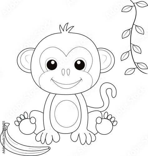 Adorable Monkey coloring page vector illustration. Animal coloring page for kid