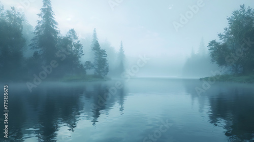 A misty morning on a tranquil lake