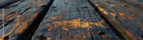 Christian Fish Symbol Etched onto a Weathered Pier The simple outline blends into the wood photo