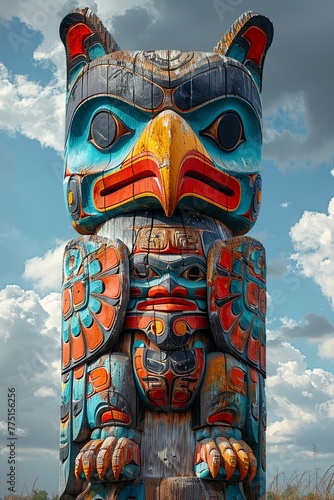 Native American Totem Pole Telling Stories in Faded Colors The historical narrative merges with the sky photo