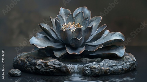 Buddhist Lotus Flower Sculpture Emerging from Water The flowers shape softens into the surface