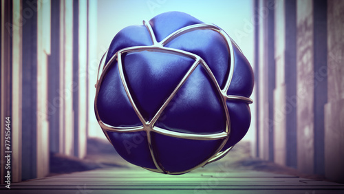 Blue bloated balloon in golden cage. 3D Rendering of futuristic biotechnological elements with surreal space.