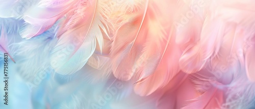 Colorful pastel background with soft feathers in gentle colors, dreamy and ethereal, blurred background for copy space. Abstract nature concept.