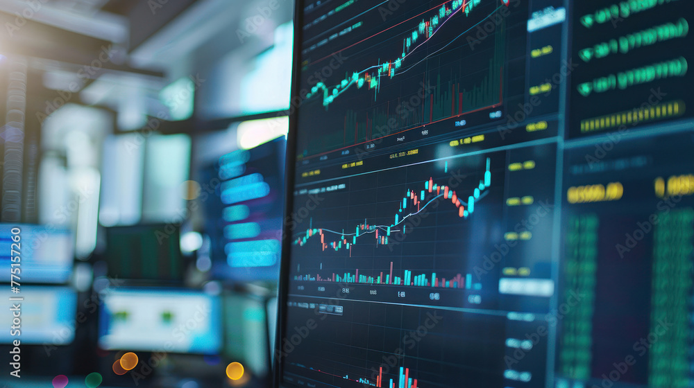 A high-tech trading workstation glowing with the light from real-time stock market charts and data analyses A high-tech trading workstation glowing with the light from real-time stock market charts and data analyses