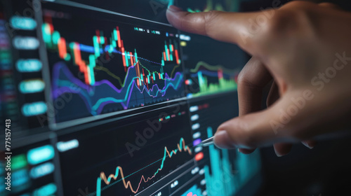 Close-up of a hand pointing at specific data points on a glowing stock market graph on a screen