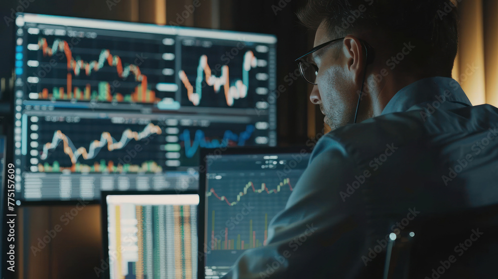 An intense focus by a financial professional analyzing stock market trends on multiple computer monitors An intense focus by a financial professional analyzing stock market trends on multiple computer monitors