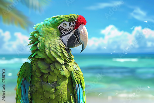 green macaw on the tropical beach background, with empty copy space