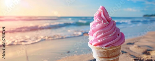 Ice cream cone with pink ice cream on the beach, close up, space for text or product in the style of copyspace