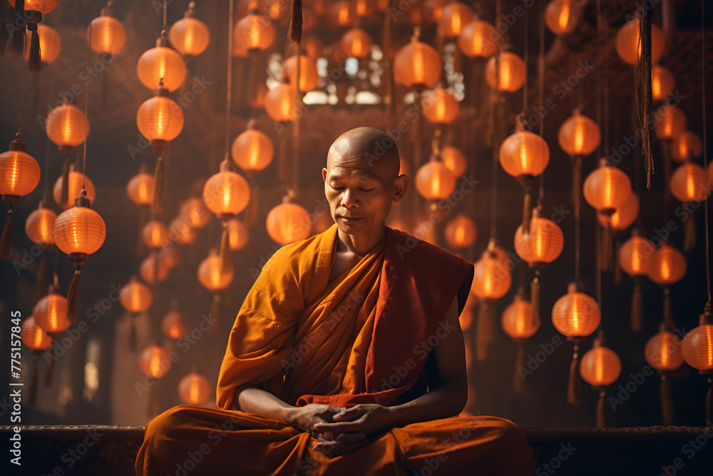 A Buddhist monk engages in prayer and meditation within a temple illuminated by hanging lanterns