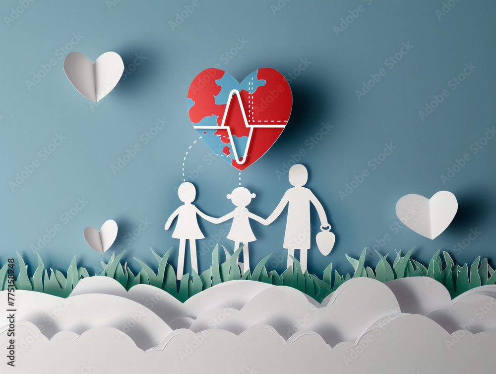 World Heart Day concept in paper cut style. A family holding hands standing on heartbeat line together with earth and heart. World Heart Day concept in paper cut style. A family holding hands standing on heartbeat line together with earth and heart.