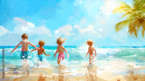 children are playing and enjoying on the beach cartoon illustration, blue sky background, AI-generated