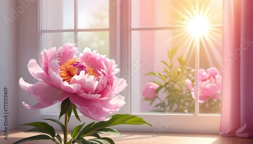 Pink peony flower and window with sun light copy space blurred background, AI Generated  © Muhammad