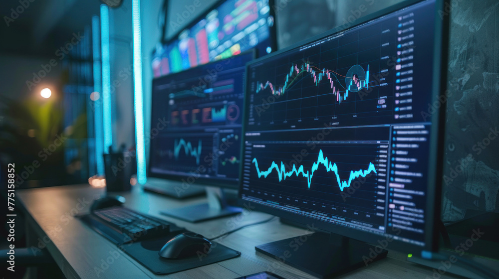 Providing a glimpse into a serious trading setup with multiple monitors displaying detailed stock market analysis Providing a glimpse into a serious trading setup with multiple monitors displaying detailed stock market analysis