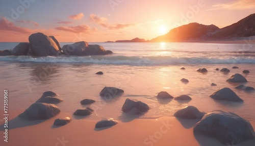 Landscape concept background of beautiful rocks on the beach at sunset created with ai generative