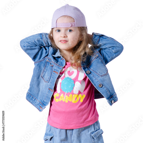 Portrait of a beautiful kid girl in cap and jeans jacket smiling looking happiness on white background isolation