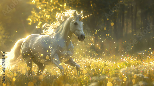 A mythical unicorn frolicking in a sunlit meadow  its iridescent horn catching the light