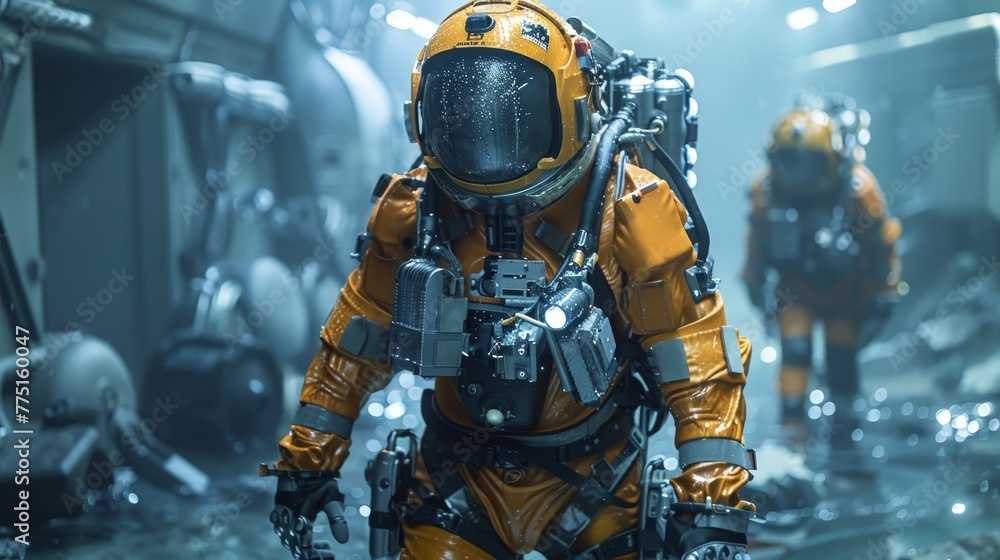 A man in an orange space suit is walking through a flooded room. The scene is set in a futuristic space station, and the man is wearing a helmet. Scene is tense and ominous A man in an orange space suit is walking through a flooded room. The scene is set in a futuristic space station, and the man is wearing a helmet. Scene is tense and ominous