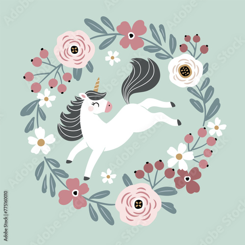 Cute hand drawn vector unicorn in wreath. Perfect for tee shirt logo, greeting card, poster, invitation or print design.
