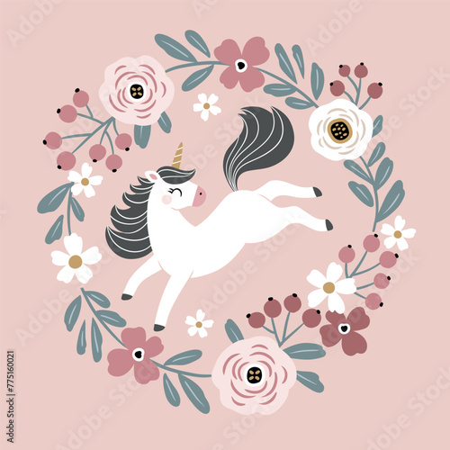Cute hand drawn vector unicorn in wreath. Perfect for tee shirt logo, greeting card, poster, invitation or print design.
