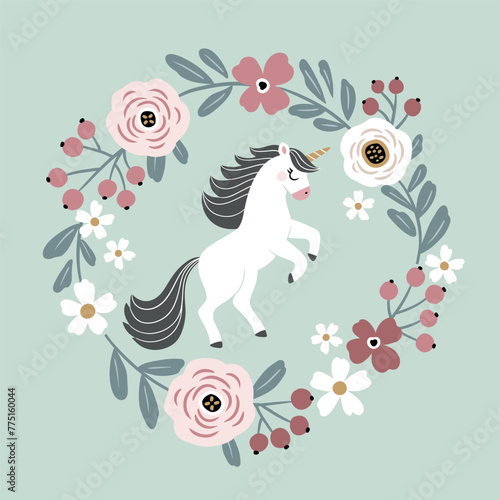 Cute hand drawn vector unicorn in wreath. Perfect for tee shirt logo, greeting card, poster, invitation or print design.
