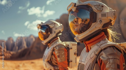 Two astronauts in space suits stand in front of a mountain. The scene is set in a desert-like environment