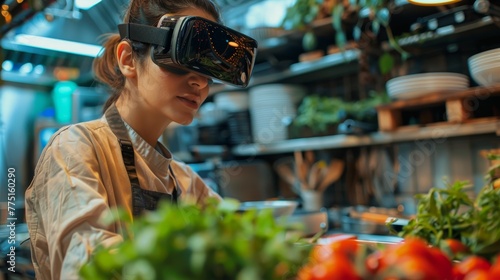 A woman wearing a white apron is wearing a virtual reality headset and looking at a bunch of vegetables