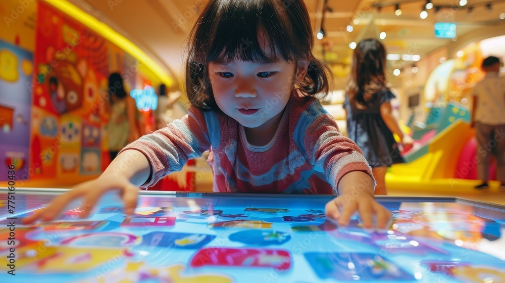 A young girl is playing a game on a tablet. She is focused on the screen and she is enjoying herself. Concept of fun and playfulness, as well as the idea of technology being used for entertainment A young girl is playing a game on a tablet. She is focused on the screen and she is enjoying herself. Concept of fun and playfulness, as well as the idea of technology being used for entertainment