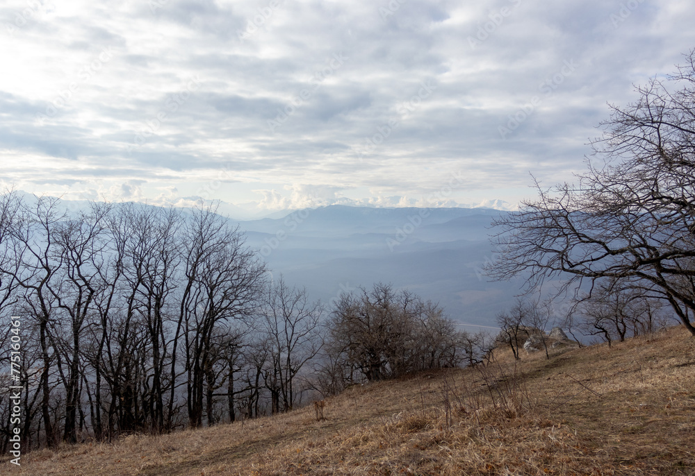 morning in the nature park, awakening of nature, mountainous terrain panorama and dirt roads