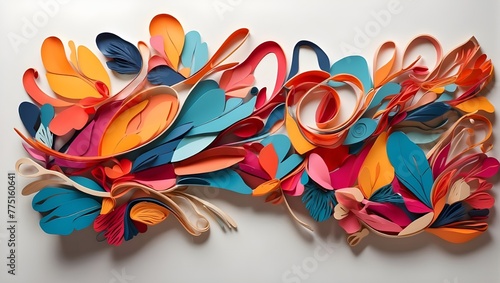 A paper sculpture in shades of blue  red  orange  and yellow. It features loops and curls that resemble flames or feathers. The piece is displayed on a white wall.