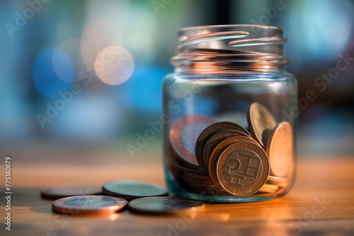 Thought-provoking composition of a jar filled with coins and cryptocurrency, symbolizing the concept of digital savings photo