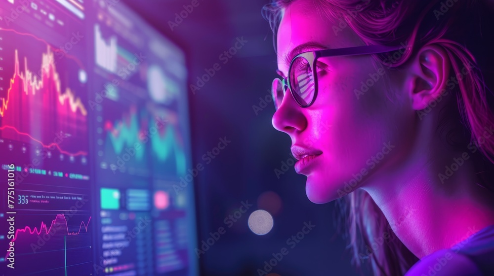 © Rattanathip - A woman is looking at a computer screen with a lot of graphs and numbers. She is wearing glasses and she is focused on the data. Concept of concentration and analytical thinking