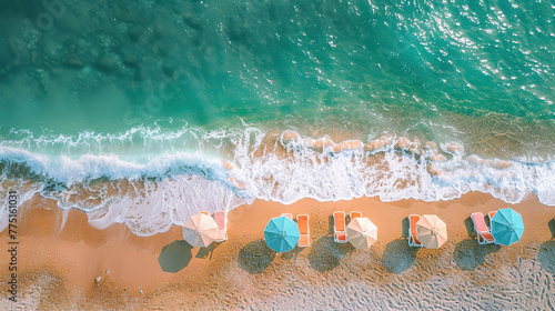 Top view of the beach with sunbeds and umbrellas with . Copy space  