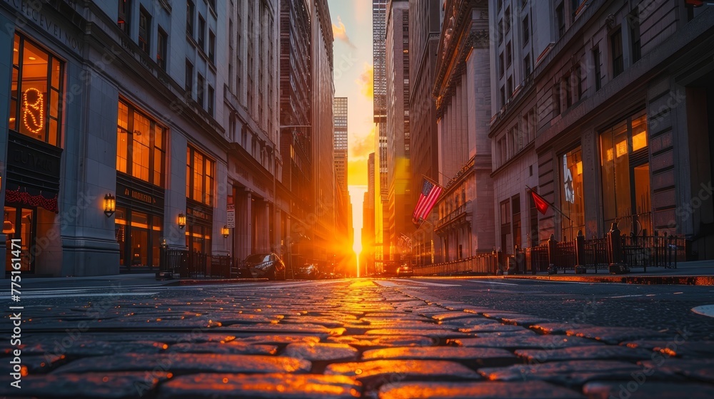 A city street with a large building in the background. The sun is setting and the sky is orange