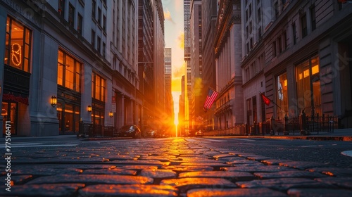 A city street with a large building in the background. The sun is setting and the sky is orange photo