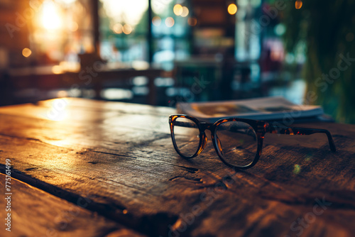 Evocative image of eyeglasses on a table with warm light suggests introspection and the pursuit of knowledge photo