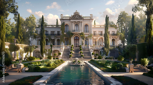 A palatial estate with sprawling gardens reminiscent of the grandeur of Versailles photo