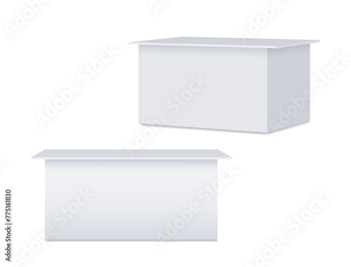 Mobile counters Mockup. Vector realistic. Wide receptions, information stands, exhibition booths, buildings, stalls, service desk, retail trade, promotion, advertising, pos, poi. Two Blank templates.