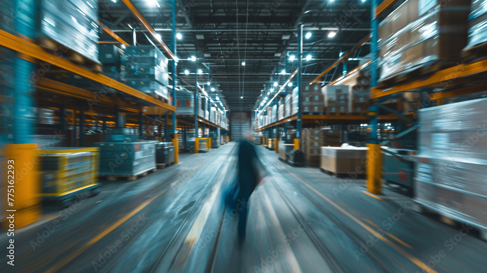 busy Warehouse with Workers Managing Inventory motion blur , busy workflow of hardware store emplyess group of worker in large
