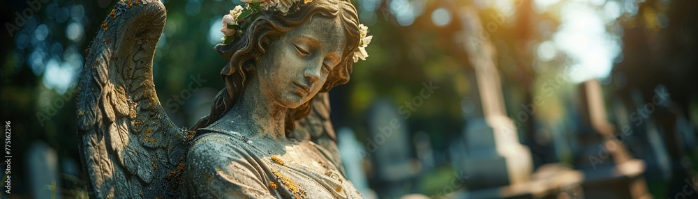 Angel Statue Silently Guarding a Timeless Cemetery The statues outline blurs with the trees